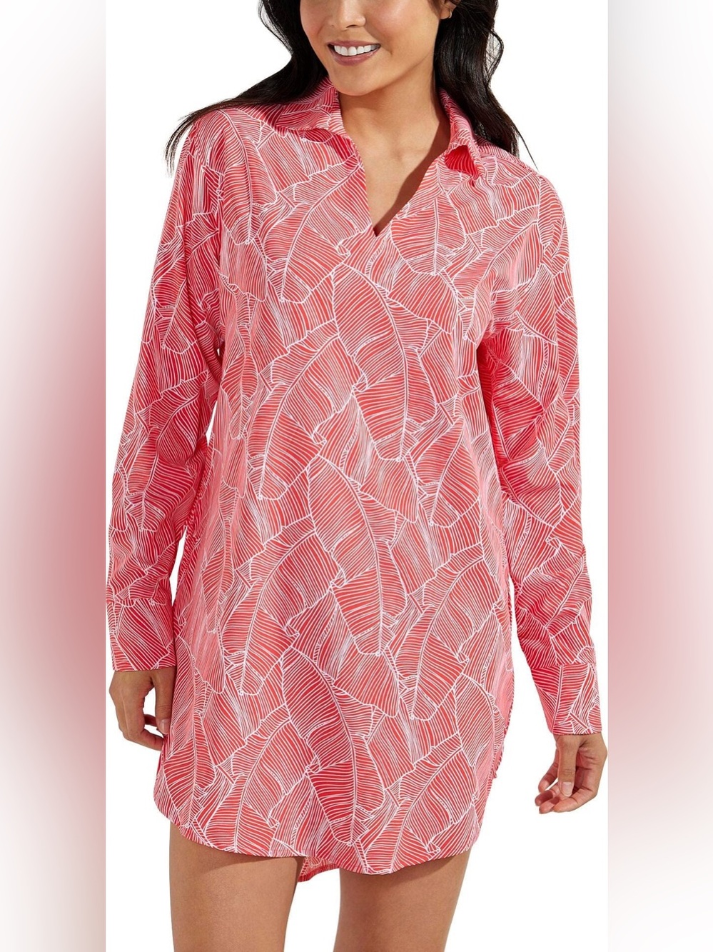 Coolibar UPF‎ 50+ Women's Koesta Coral and White Palm Leaf Cover-Up Women’s Sz M